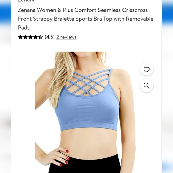 Zenana: NIB, +Size, Seamless Crisscross Front Bra top w/Removable pads, Ash Blue - Picture 6 of 11